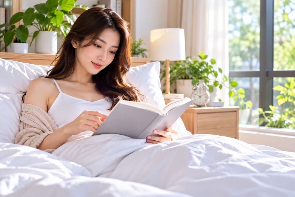 Mất Ngủ: Nguyên Nhân, Dấu Hiệu Và Cách Cải Thiện Người phụ nữ thư giãn trong phòng ngủ khi tìm hiểu cách cải thiện giấc ngủ